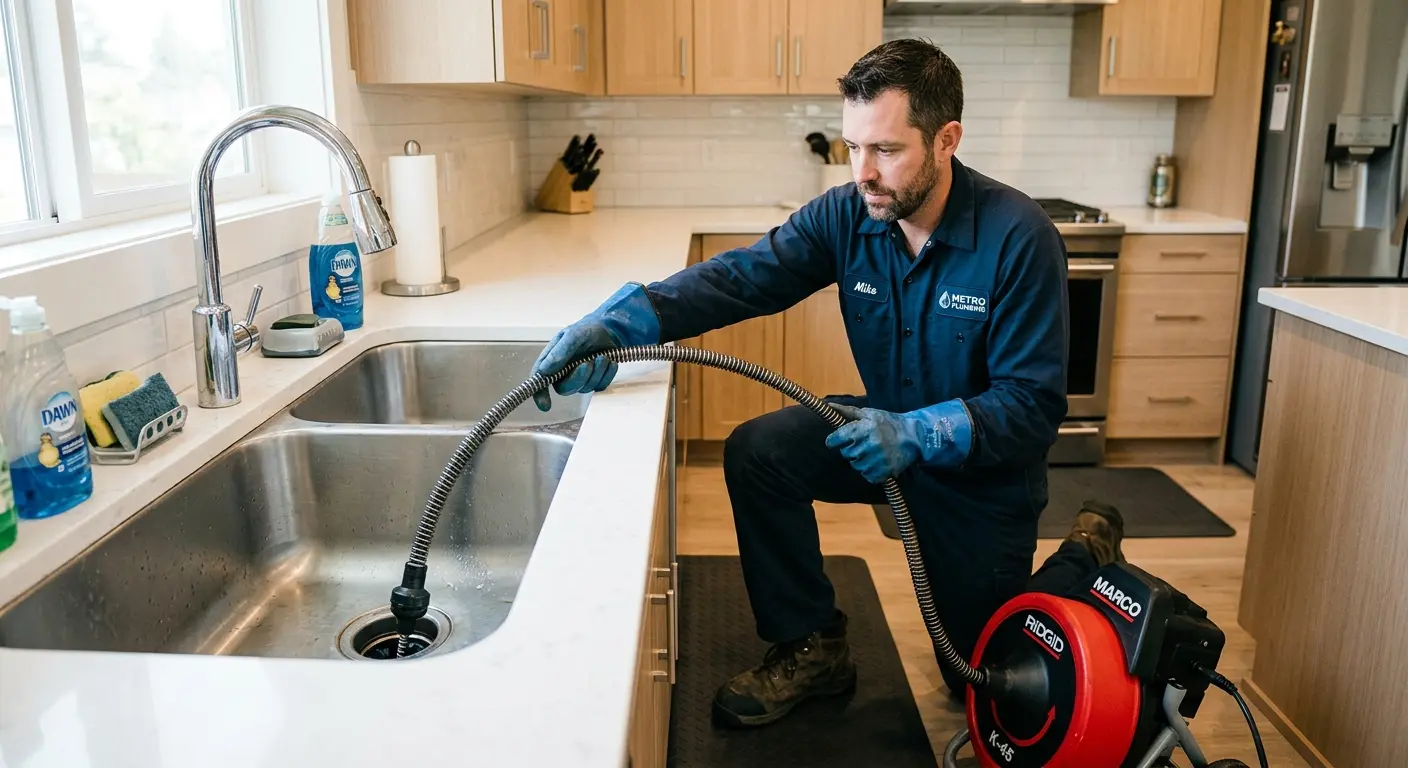 Drain cleaning technician using a motorized snake on a kitchen sink in Hyde Park