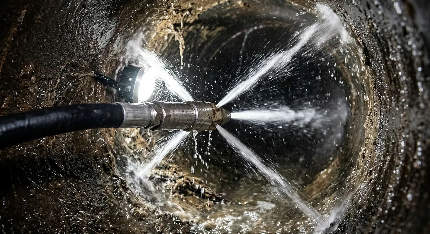 High-pressure hydro jetting nozzle cleaning sewer pipe for Emergency Drain Service in Hyde Park