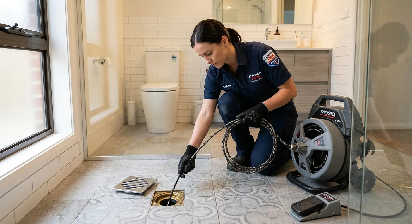 Technician clearing a bathroom floor drain for Clogged Drain Repair in Hyde Park